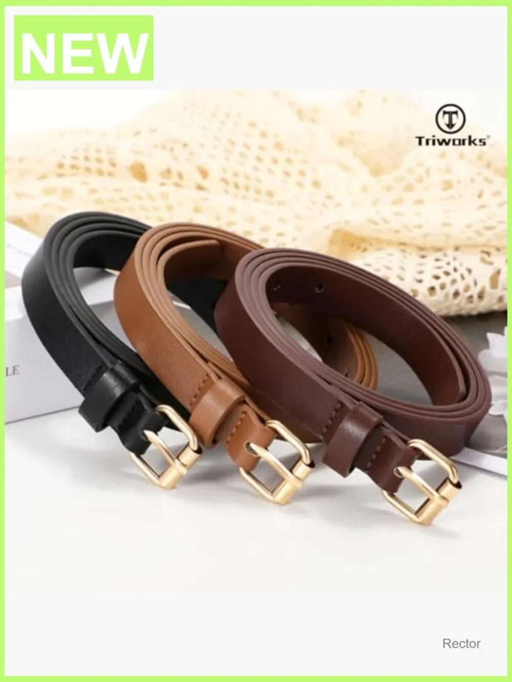 3 Pack Skinny Leather Belts for Women - Gold Buckle, 0.7